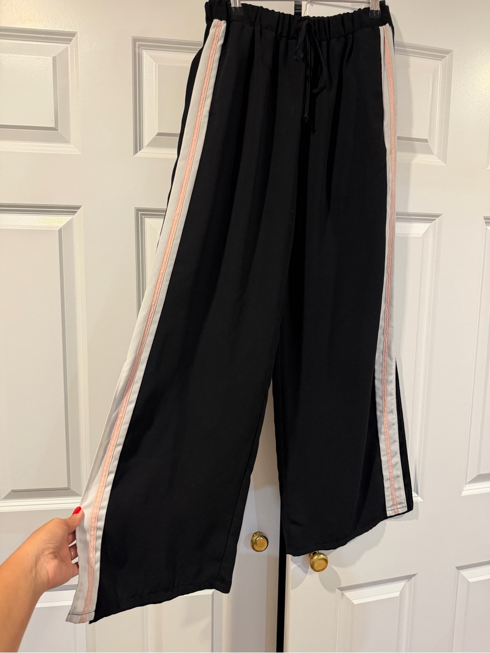 Joe Benbasset Black Wide-Leg Track Pants with White and Light Pink Side Stripes